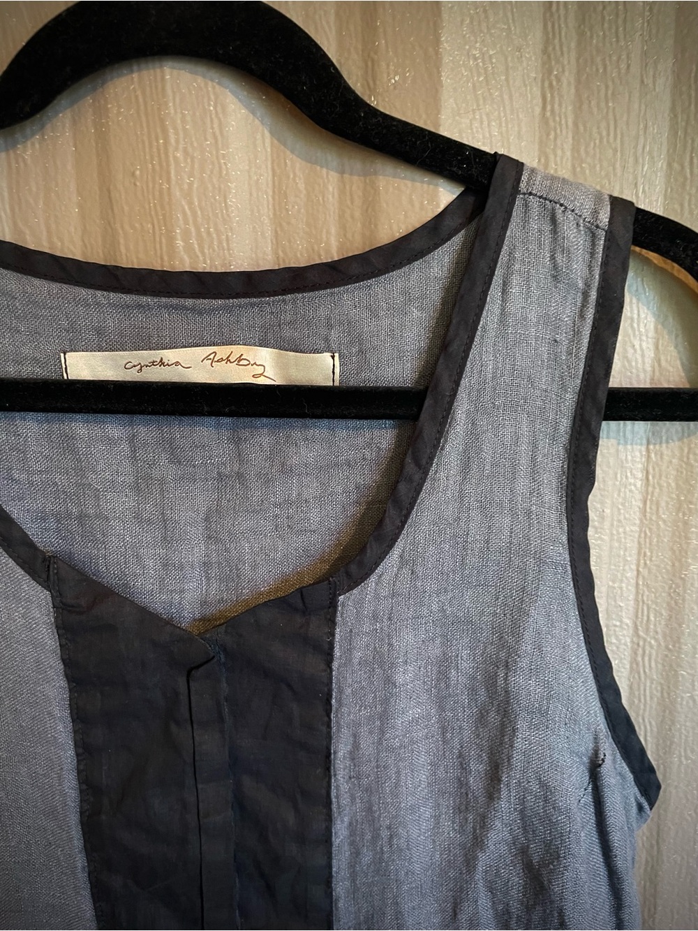 Cynthia Ashby Grey/Blk Sleeveless Linen Snap Tunic Top Minimalist Lagenlook sz S - Picture 8 of 14